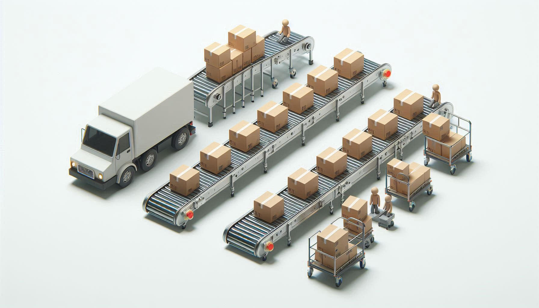 Förderbänder, welche Pakete  zu einem LKW transportieren.